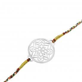 Designer Flower Silver Rakhi With Multicoloured Dori